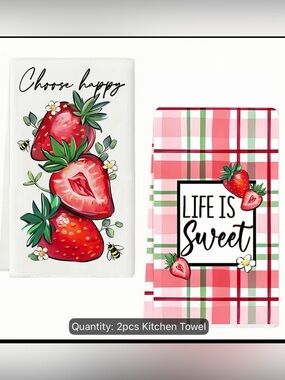 New 2pc Strawberry Kitchen Towels "Choose Happy" & "Life is Sweet" Set